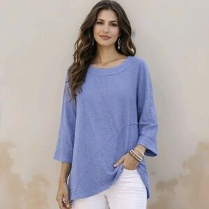 Habitat Gauze Tunic Top Blue Lagenlook Bohemian Beachy Oversized Women's Sz L